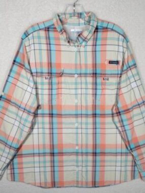Columbia PFG Blue Orange Plaid Long Sleeve Cotton Outdoor Button Up Shirt XL
